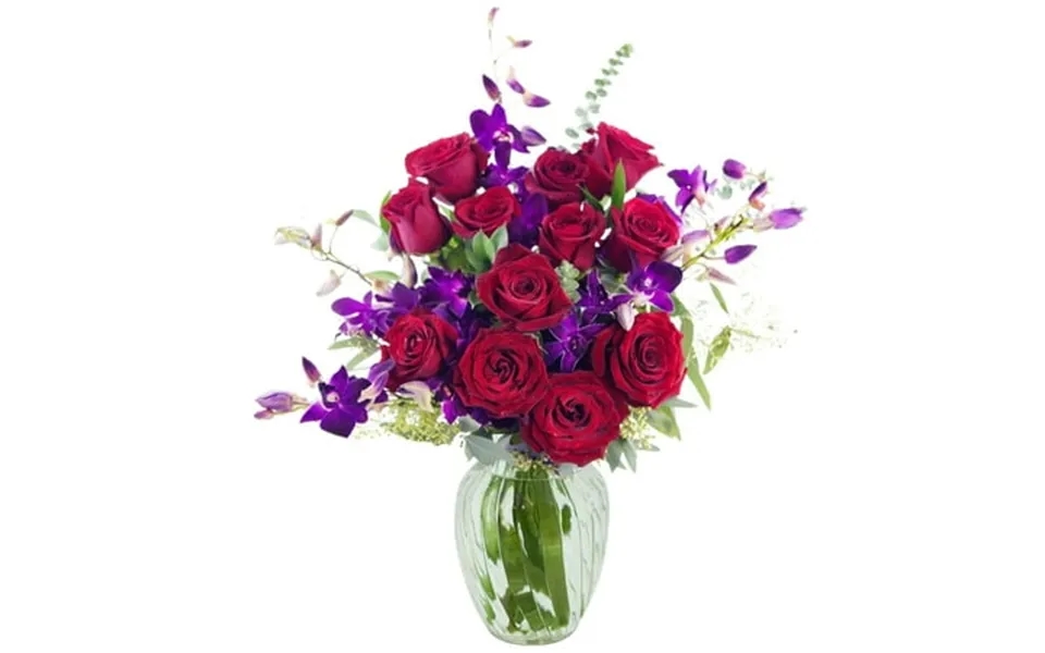 Kabloom Bouquet Of 12 Red Roses 5 Purple Orchids And Greens With Vase Next-day Delivery