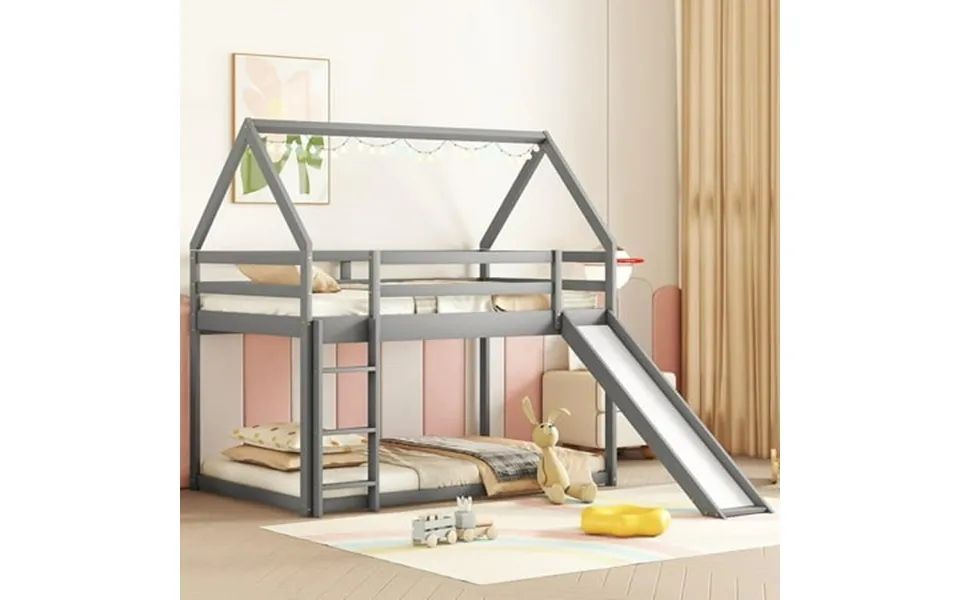 Kacho Twin Over Twin Bunk Bed With Slide House Shaped Wooden Bunkbed With Safety Guardrail And Ladder No Box Spring Need