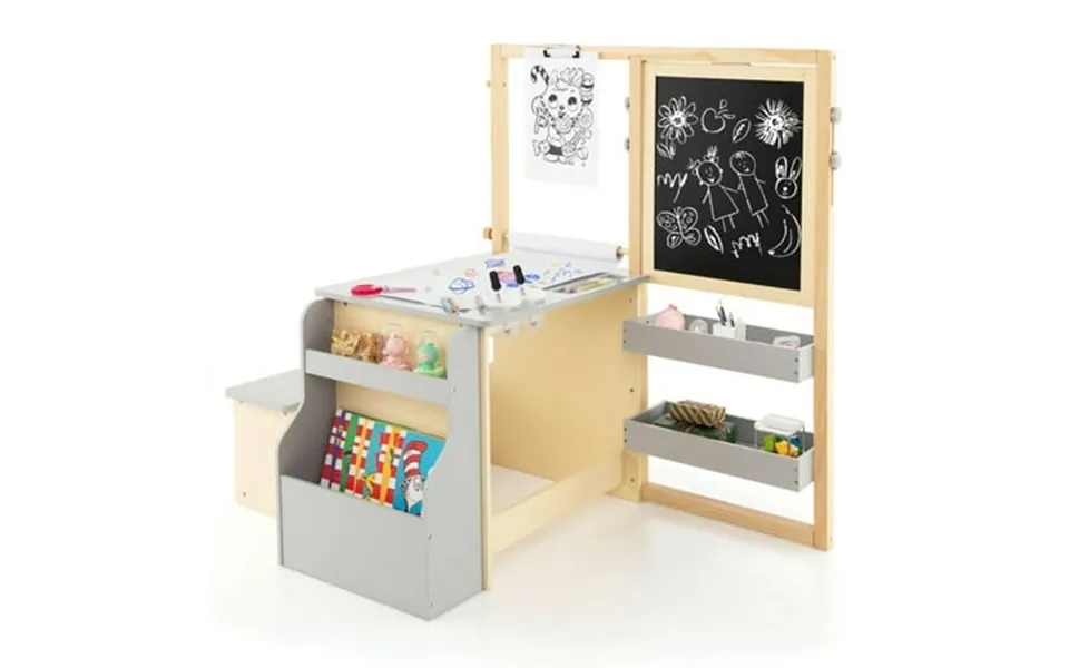 Kadyn Children Kids Table Chair Set Children Playroom Table Chair Set Kids Art Center Wooden Table Bench Set-gray