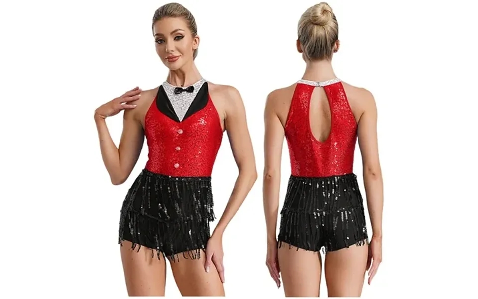 Kaerm Womens Sequins Tassel Jazz Latin Dance Dress Sleeveless Modern Tango Salsa Dance Leotard Red 14