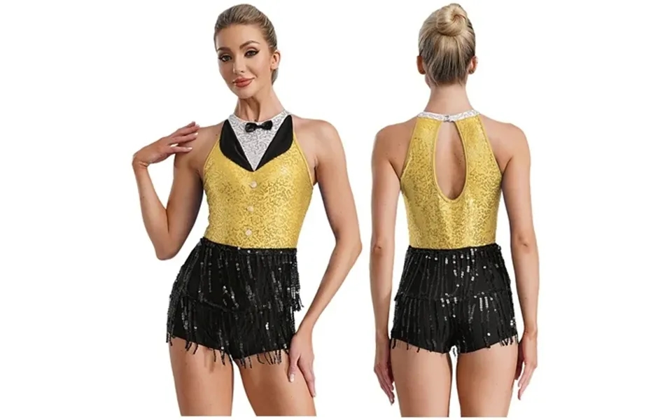 Kaerm Womens Sequins Tassel Jazz Latin Dance Dress Sleeveless Modern Tango Salsa Dance Leotard Yellow 14