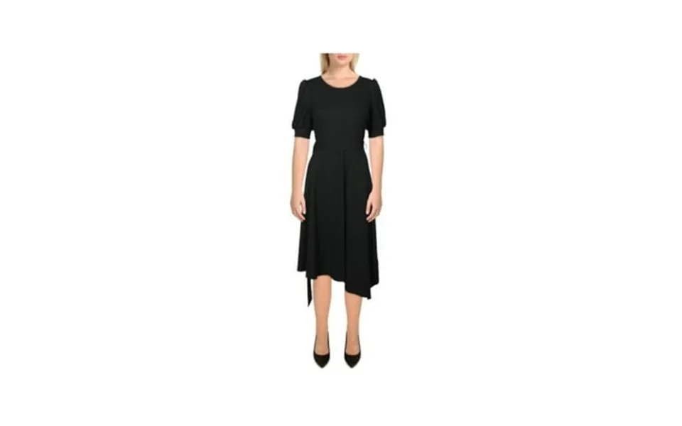 Karl Lagerfeld Womens Black Tie Smocked Cuffs Asymmetric Hem Pouf Sleeve Round Neck Below The Knee Evening Shift Dress 4