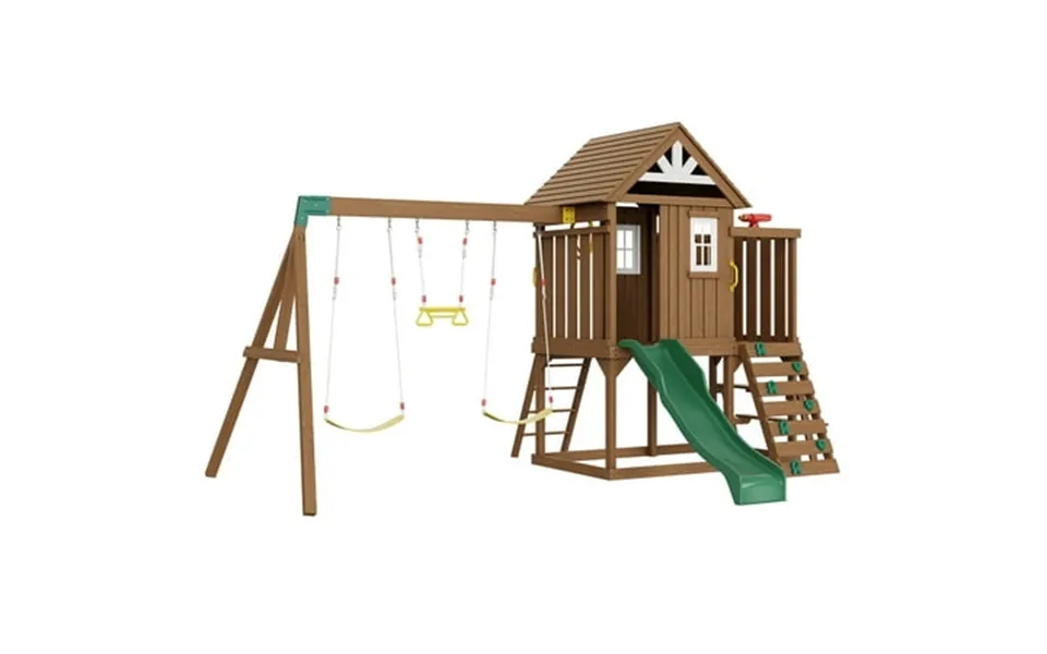 Kffkff Wooden Swing Set 9-in-1 Backyard Play Area Includes Dual Swings Trapeze 6ft Slide Spacious Fort & Kitchen Playset