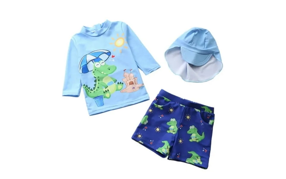 Kids Boys Swimsuit Set Long Sleeve Cartoon Print Bathing Uv Protection Suit Sun Hat 3 Pcs Set 1-7 Years