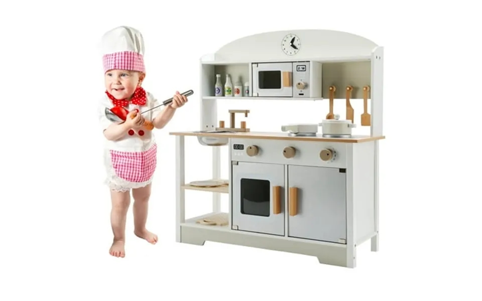 Kids Play Kitchen Set Toy Wooden Pretend Chef Cooking Play Set With Microwave Pan Sink Cookware Accessories Kitchen Set