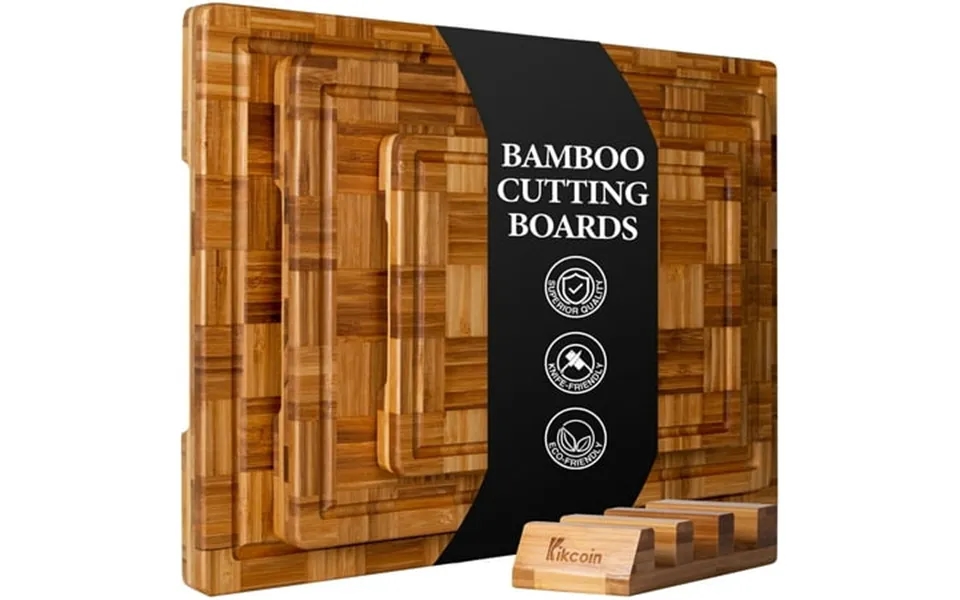 Kikcoin Extra Large Bamboo Cutting Board Set Of 3 Wood Chopping Board For Kitchen With Juice Groove Butcher Block End Gr