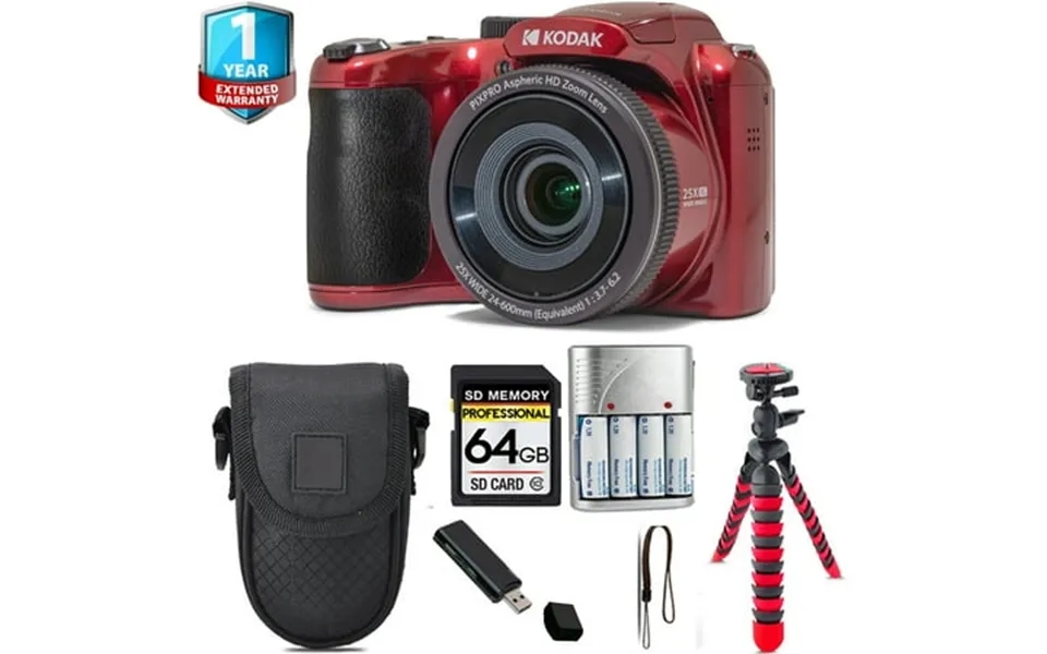 Kodak Pixpro Az255 Digital Camera Red Tripod 1 Yr Warranty - 64gb Kit