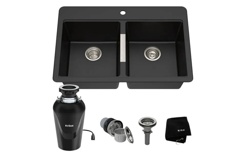 Kraus 33 Inch Dual Mount 50 50 Double Bowl Granite Kitchen Sink W Top Mount And Undermount Installation In Black Onyx Wi