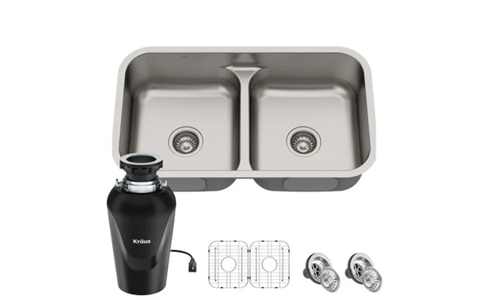 Kraus Premier 32-inch 16 Gauge Undermount 50 50 Double Bowl Stainless Steel Kitchen Sink With Waste Guard Continuous Fee