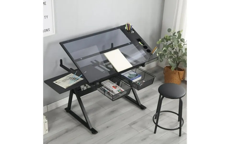 Kumix Adjustable Tempered Glass Drafting Printing Table With Chair Black