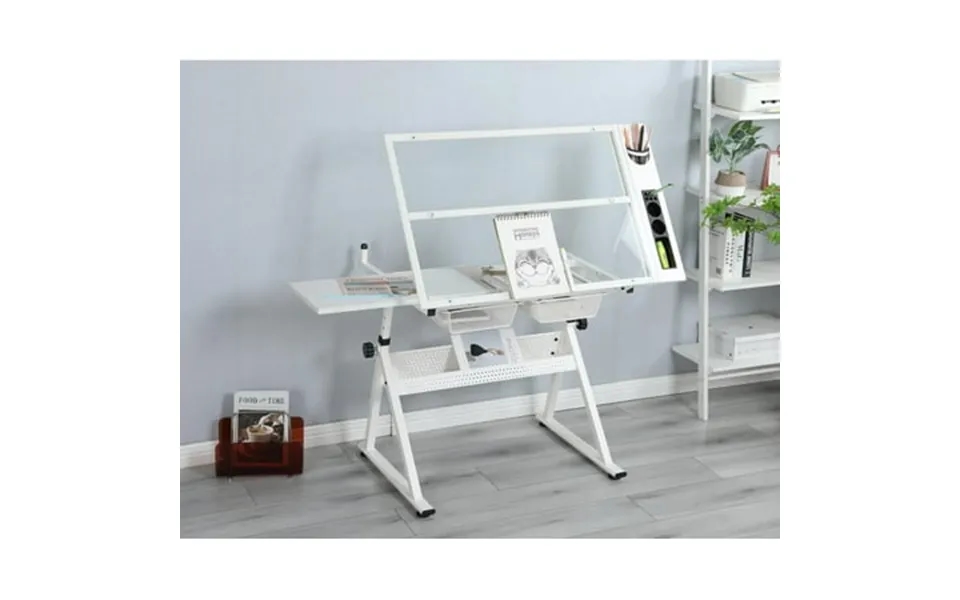 Kumix Adjustable Tempered Glass Drafting Printing Table With Chair White