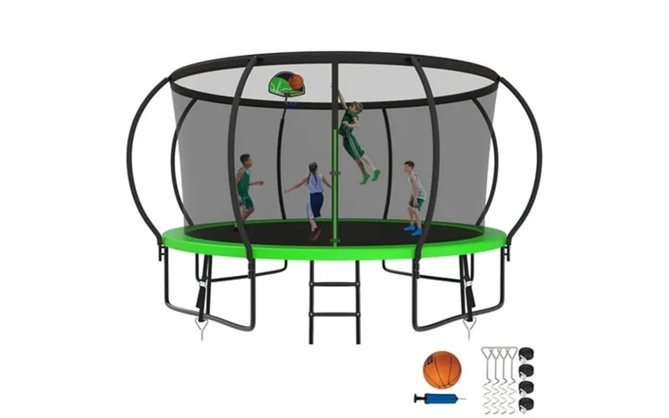 Kumix Trampoline For Adults And 7-8 Kids 14ft Trampoline With Enclosure Basketball Hoop Ladder Wind Stake 1400lbs Outdoo