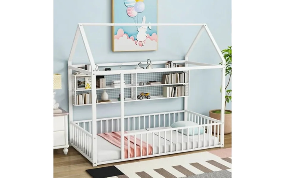Kumix Twin Size Floor Bed With Fence And Shelves Metal House Bed Frame With Roof For Boys & Girls Floor Beds Twin Size N