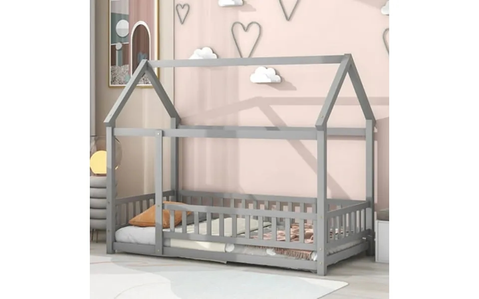 Kumix Twin Size House Floor Bed Wooden Floor Bed With Fence And Roof Unlimited Weight Capacity House Bed For Kids Playho