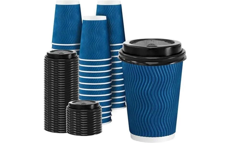 Lamosi Disposable Paper Cups With Lids 12 Oz Insulated To Go Cups Ripple Double Wall Blue 100 Count