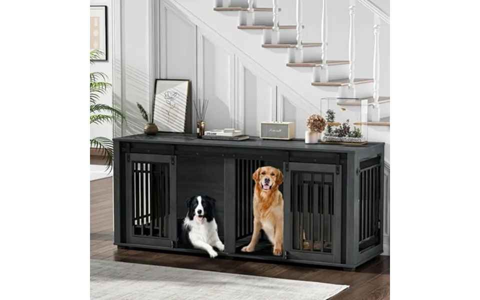 Large Dog Crate Furniture For 2 Dogs Weatherproof 2-door 71 Wooden Indoor Furniture Style Crate For Dogs