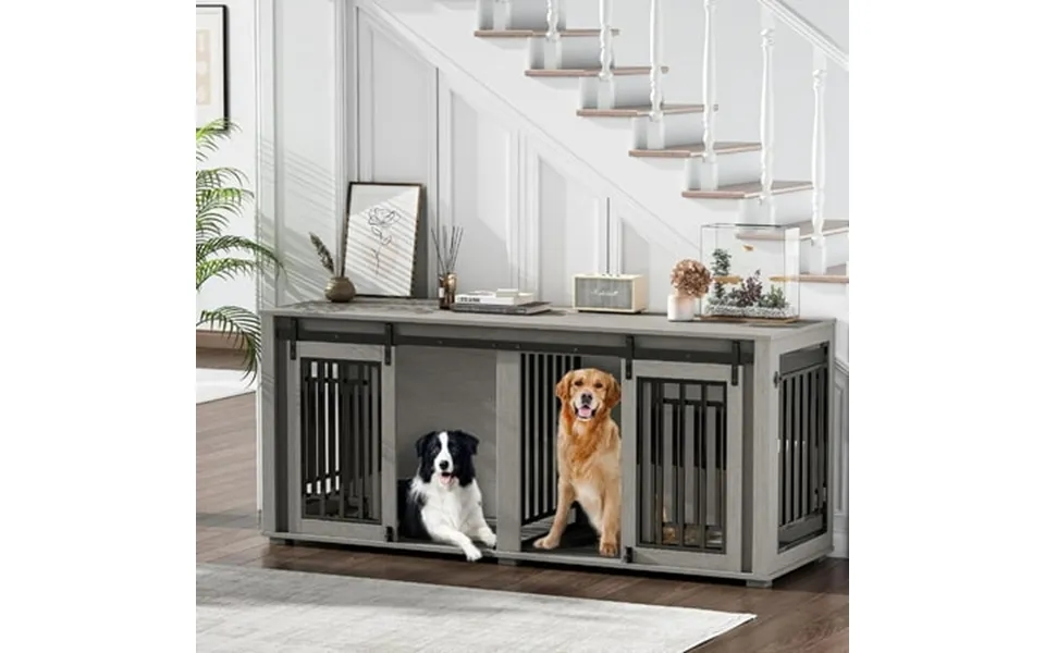 Large Dog Crate Furniture For 2 Dogs Weatherproof 2-door 71 Wooden Indoor Furniture Style Crate For Dogs
