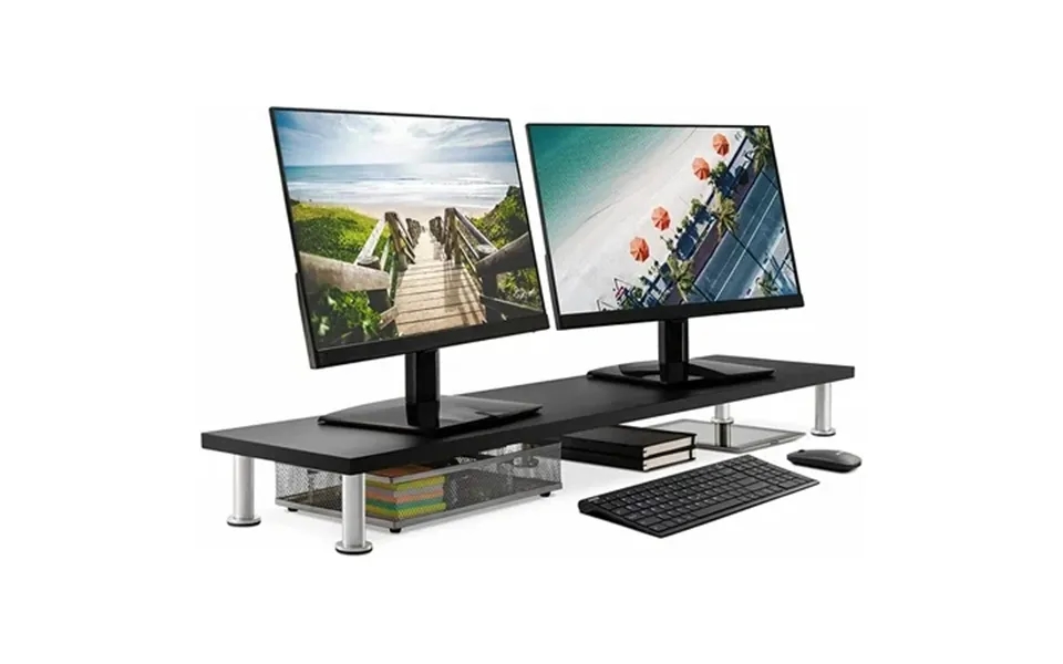 Large Dual Monitor Stand For Computer Screens Solid Bamboo Supports - Black