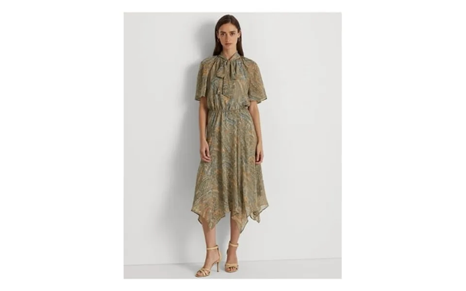 Lauren Ralph Lauren Womens Light Blue Paisley Short Sleeve Tie Neck Midi Wear To Work Shift Dress 10