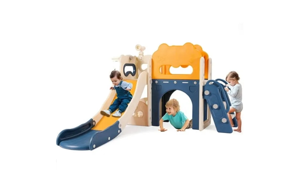 Lazy Buddy 8-in-1 Kids Slide Playset Toddler Slide With Climber Indoor Outdoor Baby Playground With Basketball Hoop Tele