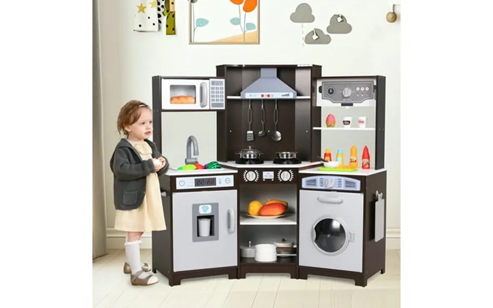 Lazy Buddy Kids Corner Play Kitchen Wooden Pretend Toy Kitchen Large Toodler Cooking Playset W Storage Space