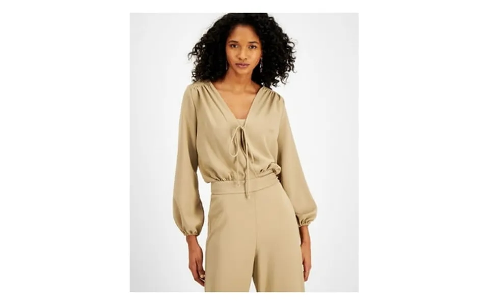 Le Rumi Womens Beige Stretch Tie Belted Long Voluminous Sleeves V Neck Top M