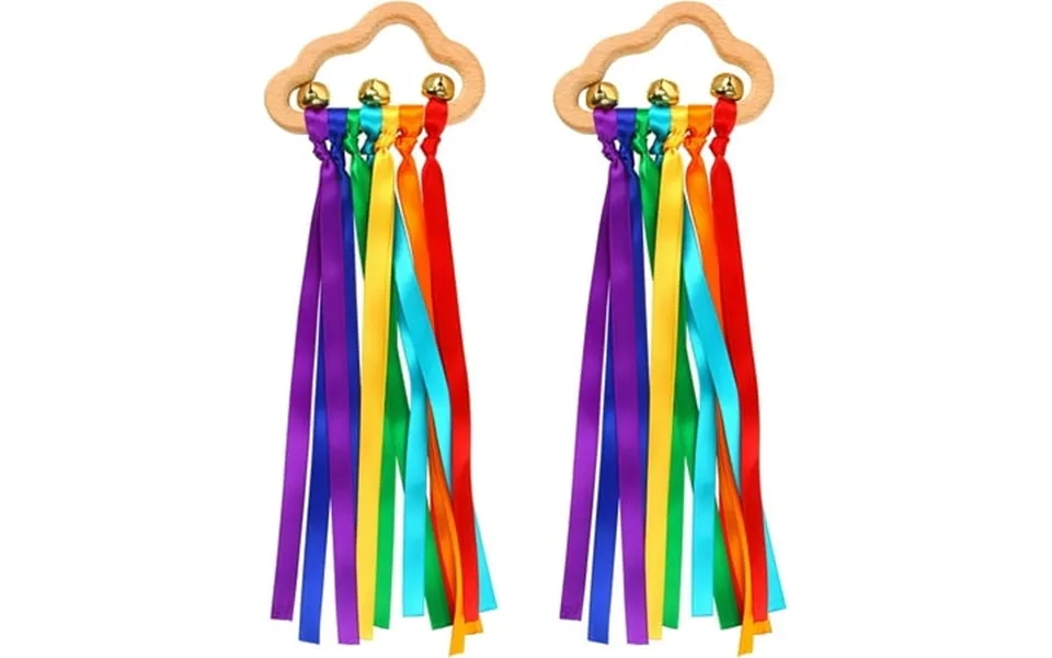 Linlin Sensory Ribbons For Babies 2 Pack Rainbow Baby Sensory Ribbon Rattle Toys Handmade Wooden Molar Ring For Toddler