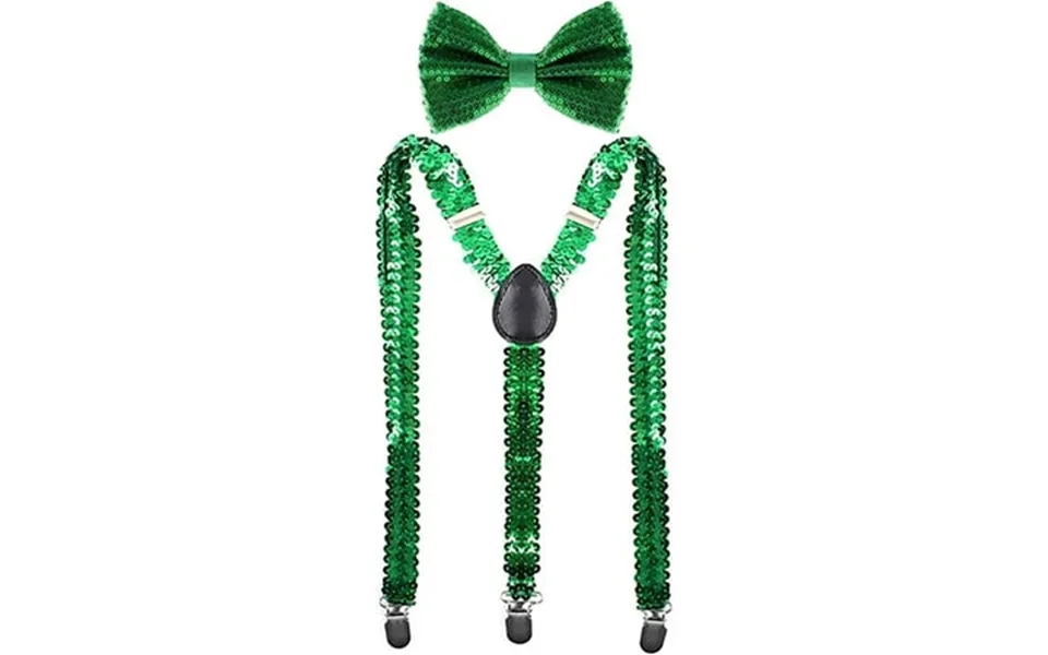 Linlin Sequin Bow Tie & Suspenders Set Y Back Style Comfortably Adjustable Elastic With Clips Unisex For Cosplay Party