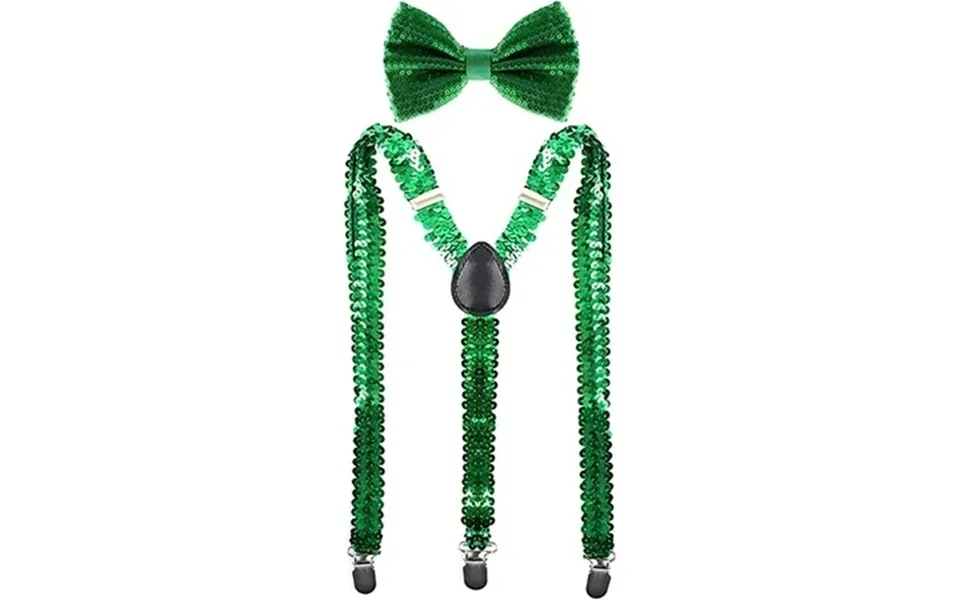 Linlin Sequin Bow Tie & Suspenders Set Y Back Style Comfortably Adjustable Elastic With Clips Unisex For Cosplay Party