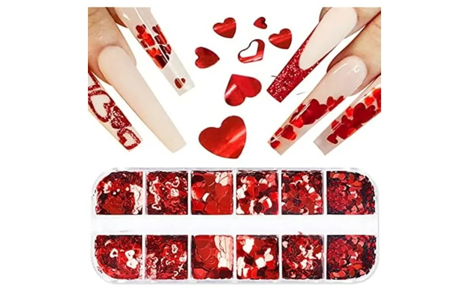Linlin Valentines Day Holographic Nail Art Glitter Sequins Set 3d Heart Glitters Nail Charms Foil Paillettes Red Love He