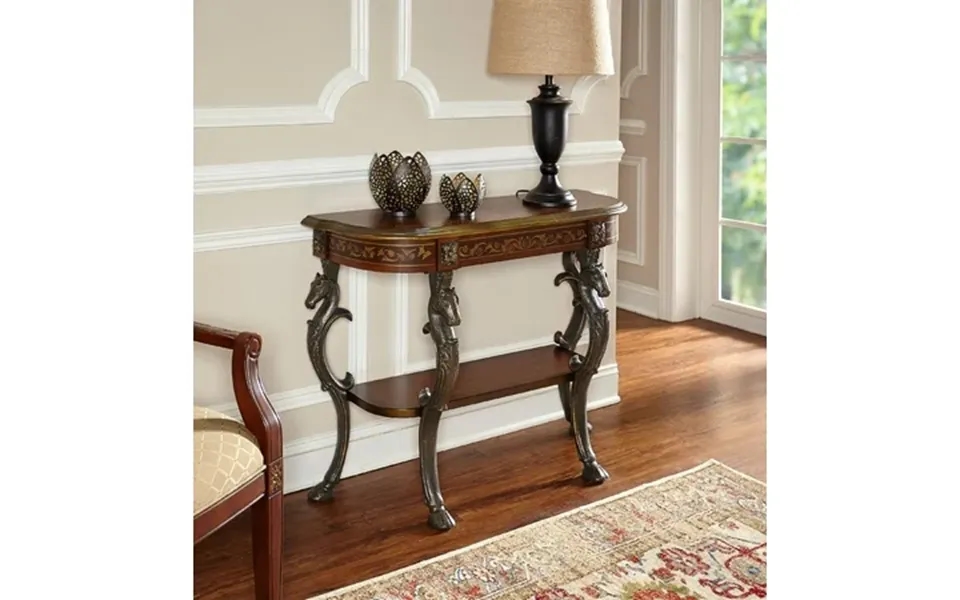 Linon Masterpiece Floral Demilune Metal And Wood Console Table In Brown