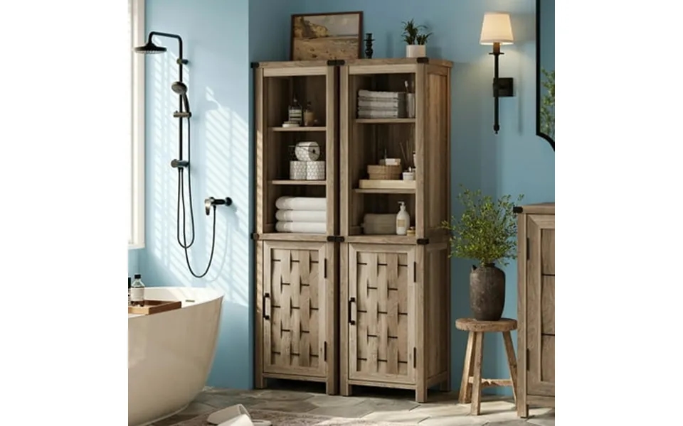 Linsy Home 56 Tall Bathroom Storage Cabinet With Door And Open Shelfs Light Brown