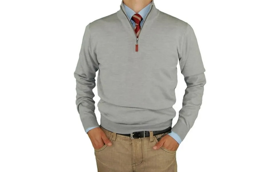 Ln Luciano Natazzi Mens Merino Wool Quarter Zip Mock Neck Sweater Trim Fit Light Gray