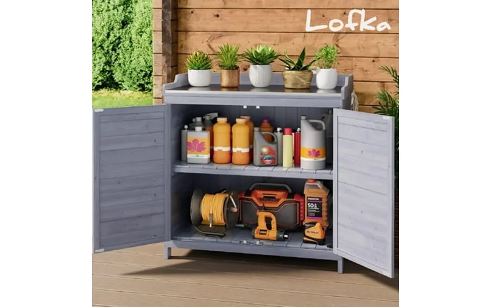 Lofka Outdoor Garden Patio Wooden Storage Cabinet With Potting Benches Gray