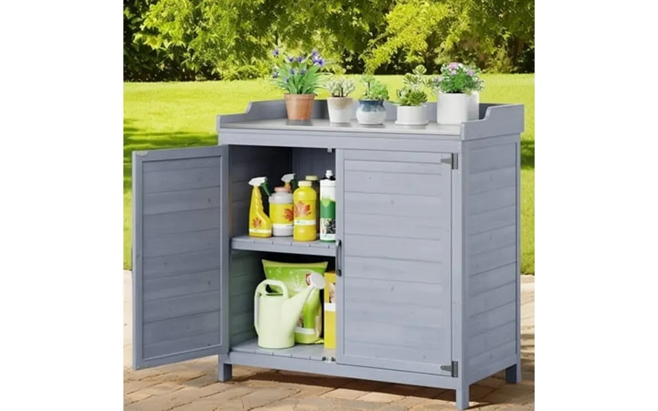 Lofka Outdoor Storage Cabinet Outdoor Potting Bench Table Waterproof Fir Wood For Yard Garden Gray