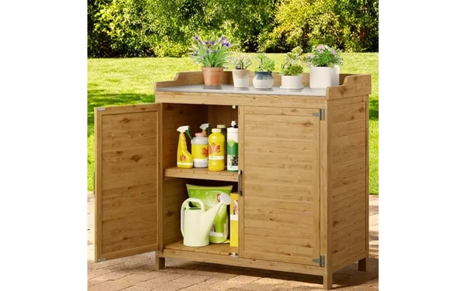 Lofka Outdoor Storage Cabinet Outdoor Potting Bench Table With Removable Shelves For Yard Garden Waterproof Wood
