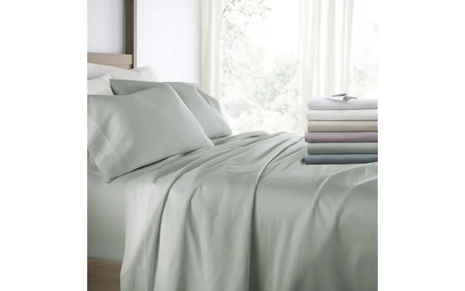 Long-staple Sateen Cotton Sheets Set - Ultra Soft Double Brushed & Washed In Green Mist For King Size Bedding