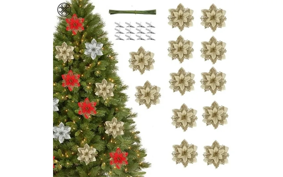 Luxtrada 12 24pcs 6.3in Poinsettia Artificial Christmas Flowers Decorations Glitter Xmas Tree Flower Ornaments With Clip