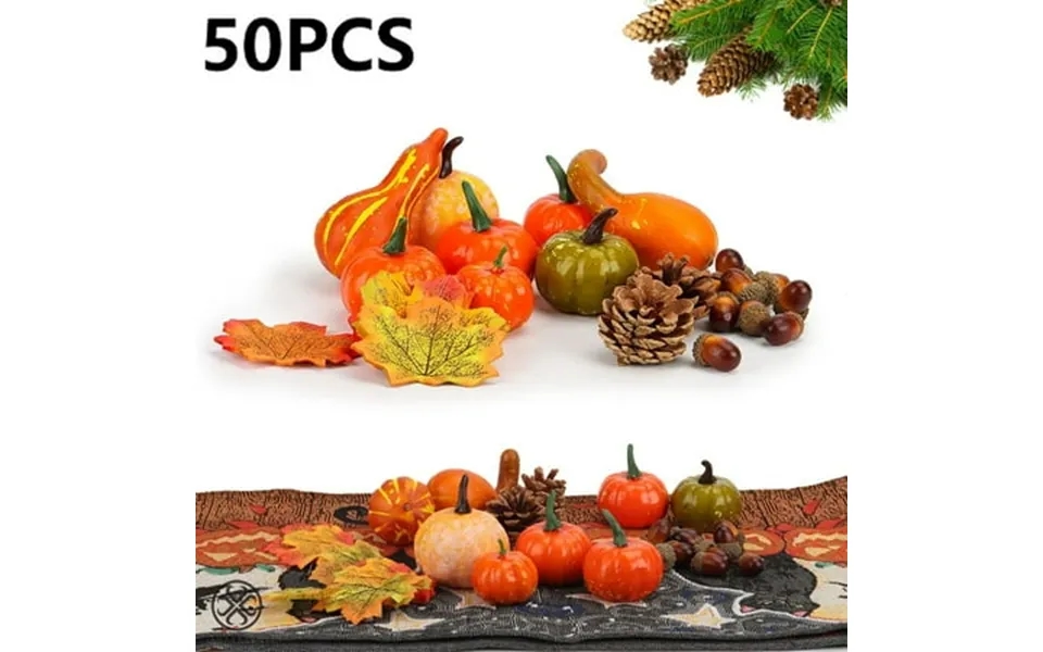 Luxtrada 50pcs Set Fall Autumn Decoration Pumpkins Harvest Props Artificial Fake Pumpkin Leaves For Halloween Harvest Fe