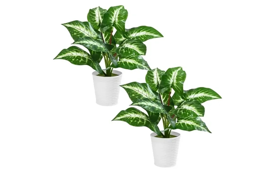 Lyacmy 2 Pcs Dieffenbachia Artificial Plants In Ceramic Pot Green Potted Fake Plants Decor For Home Office Table Desk