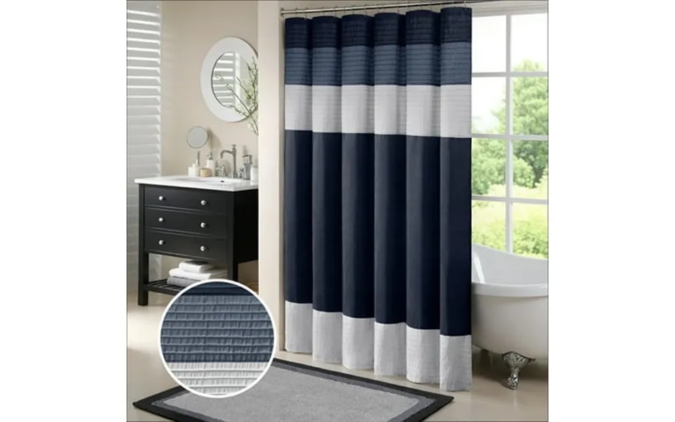 Madison Park Navy Faux Silk Bathroom Shower Curtain Striped Lightweight Bath Curtain Decor Blue Curtain For Bathroom 72x