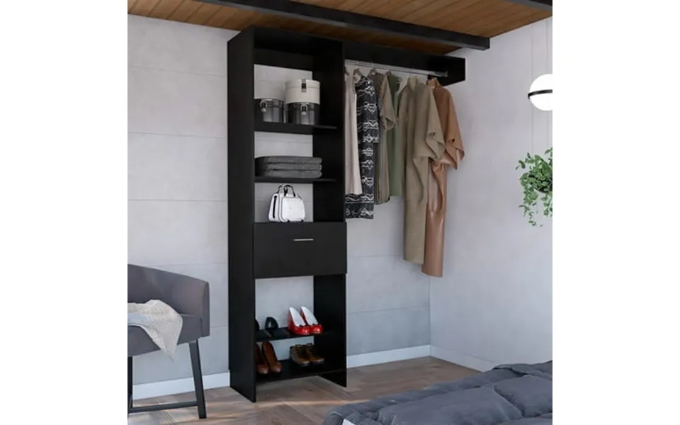 Manchester 150 Closet System Metal Rod Five Open Shelves One Drawer Black