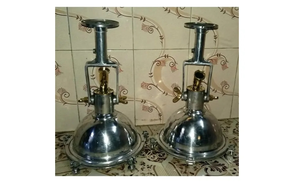 Marine Industrial Wall Ceiling Mount Silver Shiny Aluminum & Brass Metal Antique Pendant Light Lot Of 2