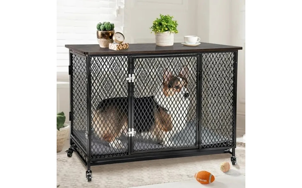 Medehoo Indoor Dog Crate Furniture Movable Dog Kennel Side End Table With Wheels For Small Medium Large Dogs With Cushio
