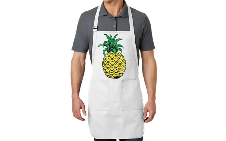 Men S Distressed Pineapple Full-length Apron With Pockets - White