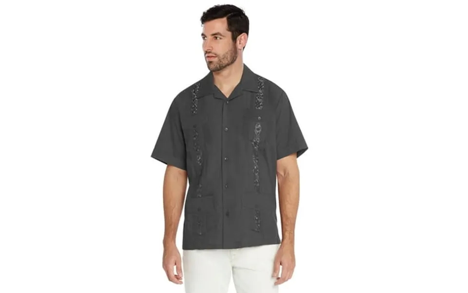 Men S Guayabera Cuban Beach Wedding Casual Short Sleeve Dress Shirt Charcoal M