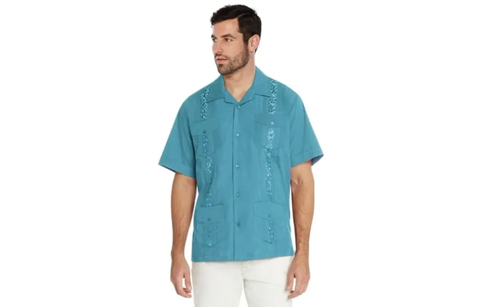 Men S Guayabera Cuban Beach Wedding Casual Short Sleeve Dress Shirt Turquoise Xl
