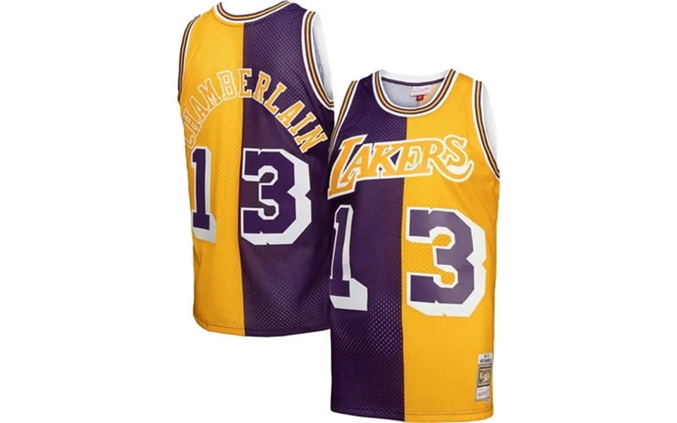 Men S Mitchell & Ness Wilt Chamberlain Purple Gold Los Angeles Lakers Hardwood Classics 1971 72 Split Swingman Jersey