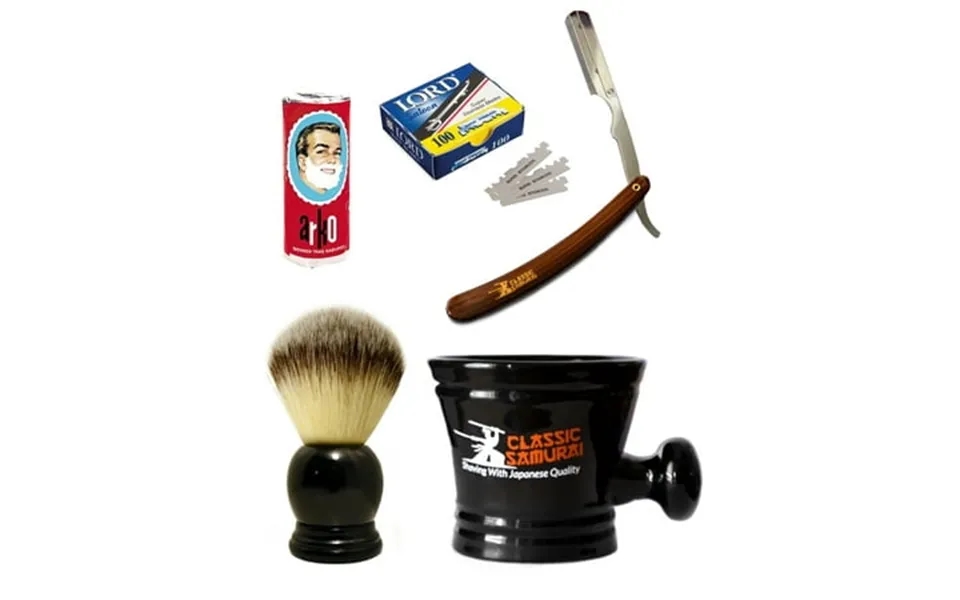 Men S Shaving Set With Brown Barber Straight Razor 100 Lord Blades Brush Arko Soap & Porcelain Mug