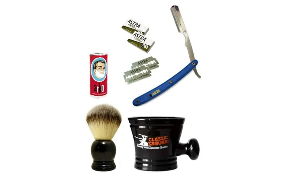 Men S Shaving Set With Cs-101 Blue Barber Straight Razor 10 Astra Blades Brush Arko Soap & Porcelain Mug